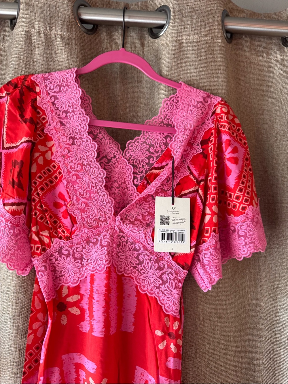 NWT Spell Libertine Pink & Red Lace Trim Wrap Dress - Picture 2 of 6